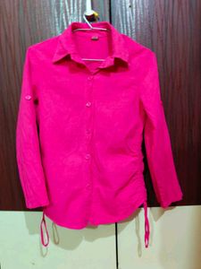 Vibrant Pink Ruched Button-Up Shirt
