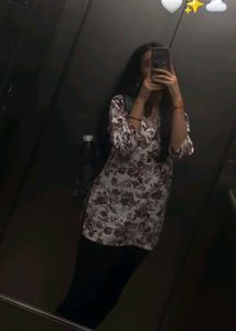 Floral Print Kurta with Embellished Neckline