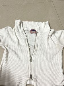 White Ribbed Zip-Up Mock Neck Top
