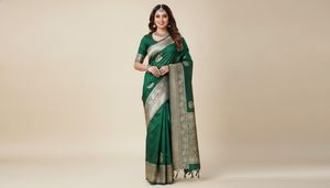 New Elegant Green Saree with Silver Border