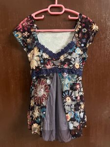Y2k Floral Print Sheer Tunic Top