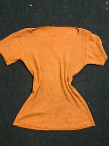 Orange Ribbed V-Neck Top