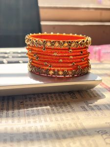 Vibrant Orange Silk Thread Bangles Set - 2.2 size