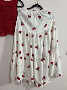 Crochet top with cherry print skirt 🍒