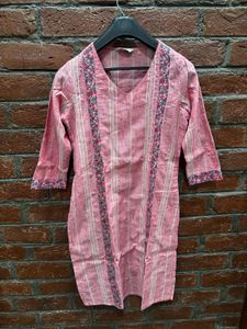 Striped Pink Kurta with Floral Embroidery
