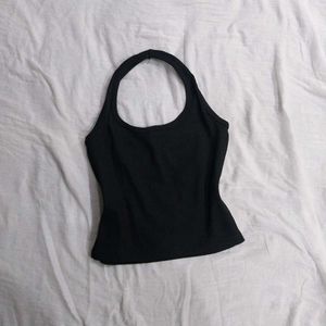 Black Halter Neck Ribbed Tank Top