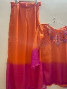 Orange &amp; Pink Ombre Kurta Set with Embellishments