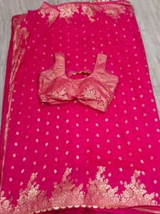 Stunning Pink Saree with Golden Blouse