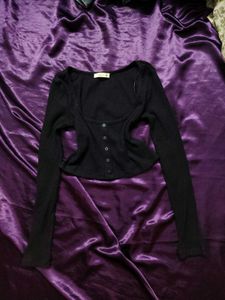 Black Ribbed Square Neck Button-Up Top