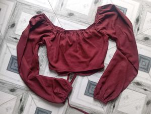 Maroon Ruched Balloon Sleeve Crop Top