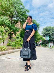 Stylish Blue Puff Sleeve Crop Top full combo skirt