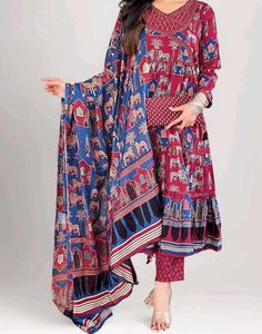 Maroon &amp; Blue Elephant Print Kurta Set