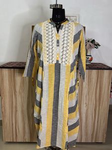Yellow & Grey Striped Kurta with Lace Detail