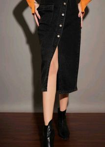 Black Denim Front Slit Midi Skirt