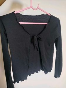 Black Tie-Front Lettuce Trim Top