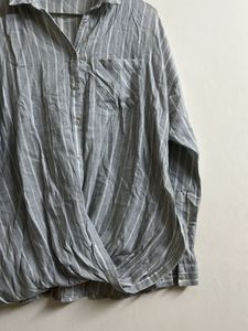 Grey Striped Wrap Front Shirt