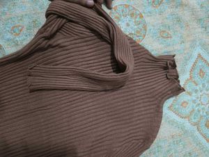 Brown Ribbed Mock Neck Top