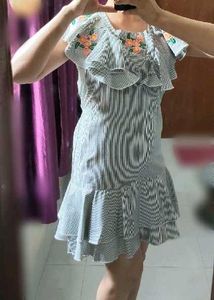Striped Ruffled Dress with Floral Embroidery