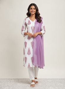 White Kurta with Purple Tree Print