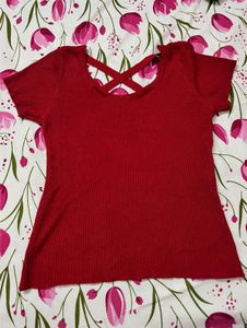 Red Ribbed Crossover Back Top