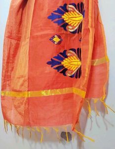 Coral Color Dupatta Blue Embroidry Work