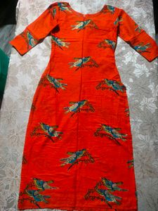 Vibrant Orange Bird Print Kurta