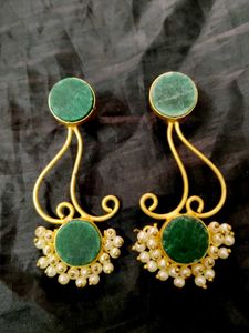 Green Stone & Pearl Dangle Earrings