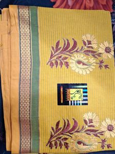 Orange Cotton Saree with Floral Embroidery