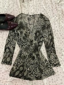 Sheer Leopard Print V-Neck Top