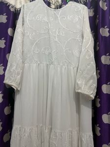 White Tiered Embroidered Gown with Red Scarf