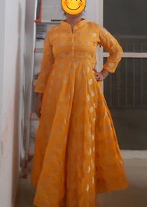 Haldi Yellow Kurti Long Dress Frock. Embroidery.