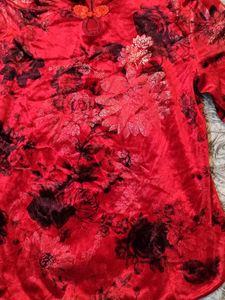 Red Chinese Floral Embroidered Velvet Qipao