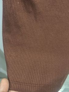 Brown Ribbed Collared Crop Top