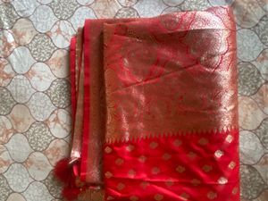 Stunning Red Silk Blouse with Embellished Sleeves