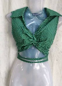Green Gingham Twist Front Crop Top