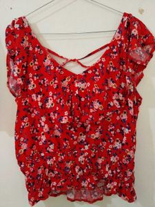 Red Floral Tie-Up Back Ruffle Top