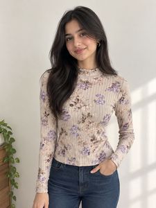 Floral Ribbed Mock Neck Top
