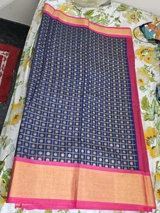 Elegant Navy Blue Saree with pink border