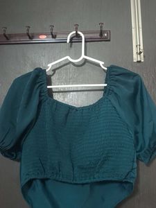 Chic Teal Puff Sleeve Bow Top