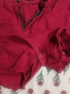 Red Distressed Denim Shorts