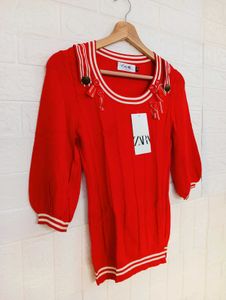 Chic Red Knit Top with Bow Details