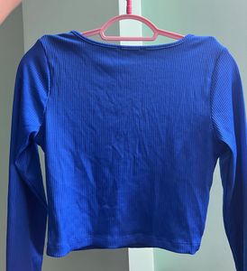 Blue Square Neck Long Sleeve Crop Top