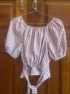 Striped Puff Sleeve Tie-Up Top