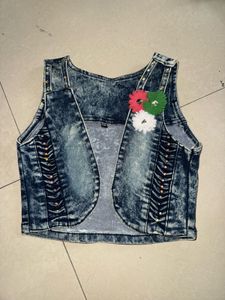 Denim Crop Vest with Flower Embellishment