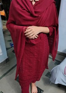 Maroon Chikankari Kurta Set pant duptta