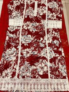 Maroon Floral Print Kurta with Lace