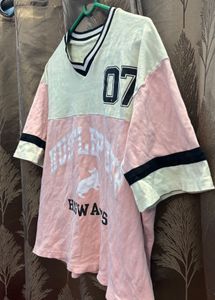 Off white And Pink Down Shoulder Tshirt