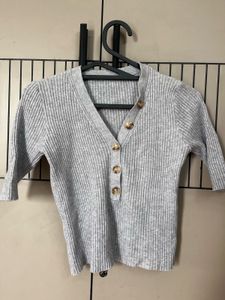 Grey Ribbed Button-Up Top