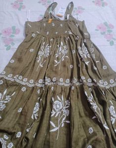 Olive Green Embroidered Tiered Midi Dress