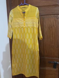 Yellow Paisley Print Kurti - Prined With Sequins
